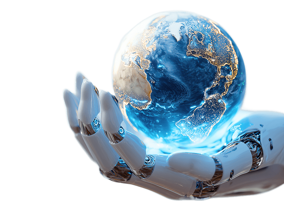 Robot hand holding glowing Earth